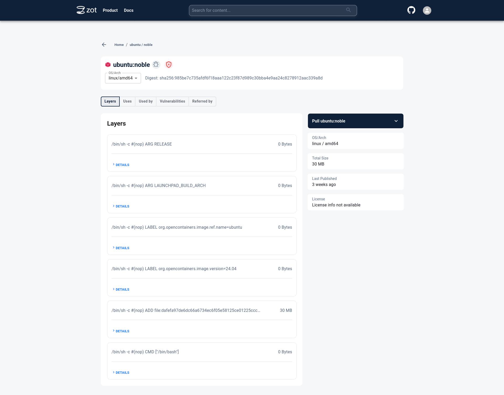 Zot image tag details