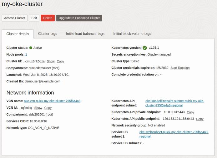 Oracle Cloud console showing detailed overview of an OKE cluster.