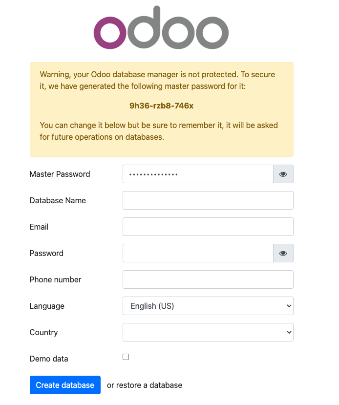 Screenshot of the Odoo setup page Screenshot of the Odoo setup page